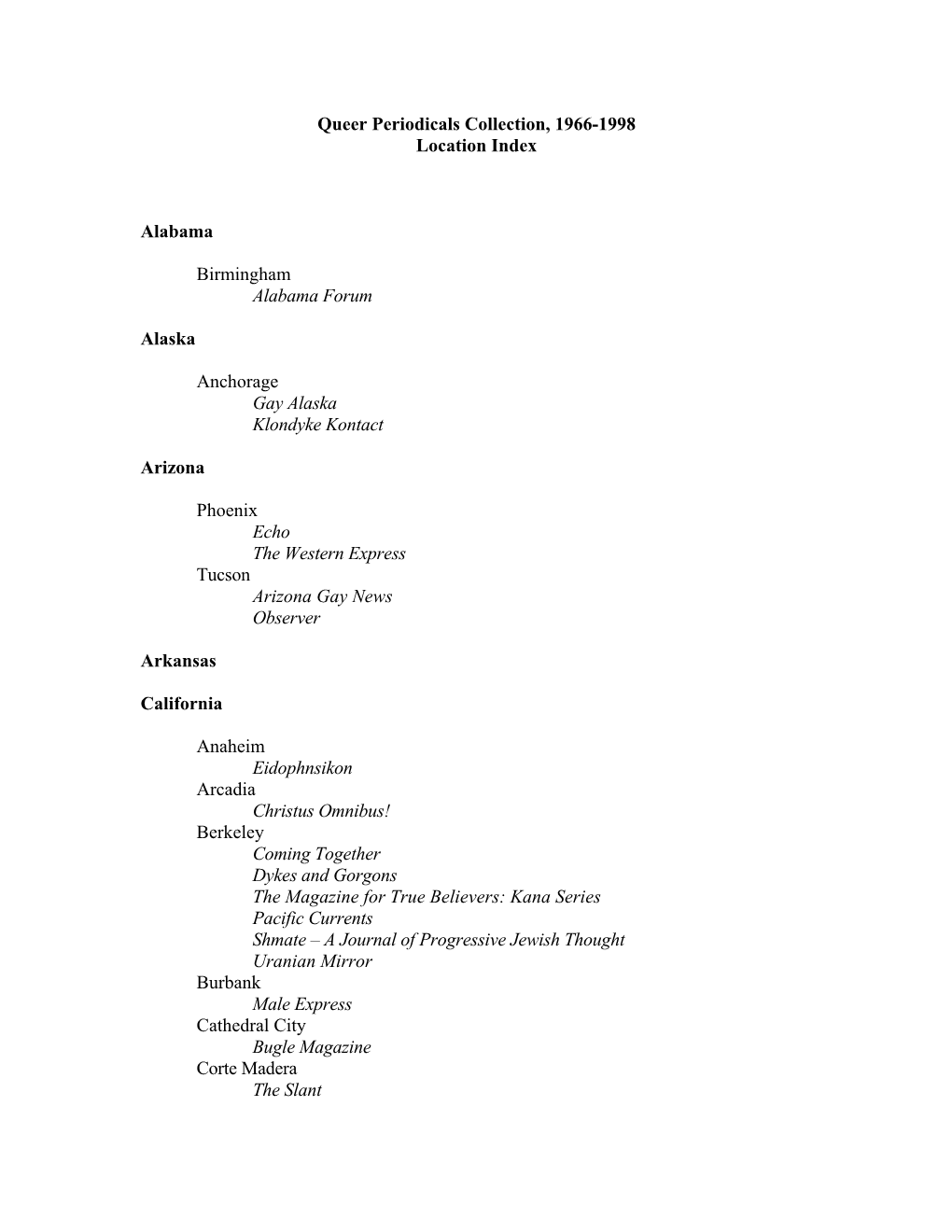 Queer Periodicals Collection, 1966-1998 Location Index Alabama