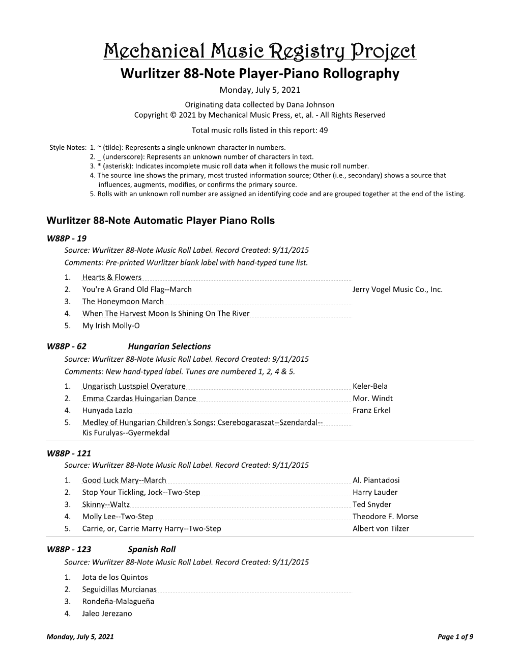 Wurlitzer 88-Note Player-Piano Rollography Monday, July 5, 2021 Originating Data Collected by Dana Johnson Copyright © 2021 by Mechanical Music Press, Et, Al