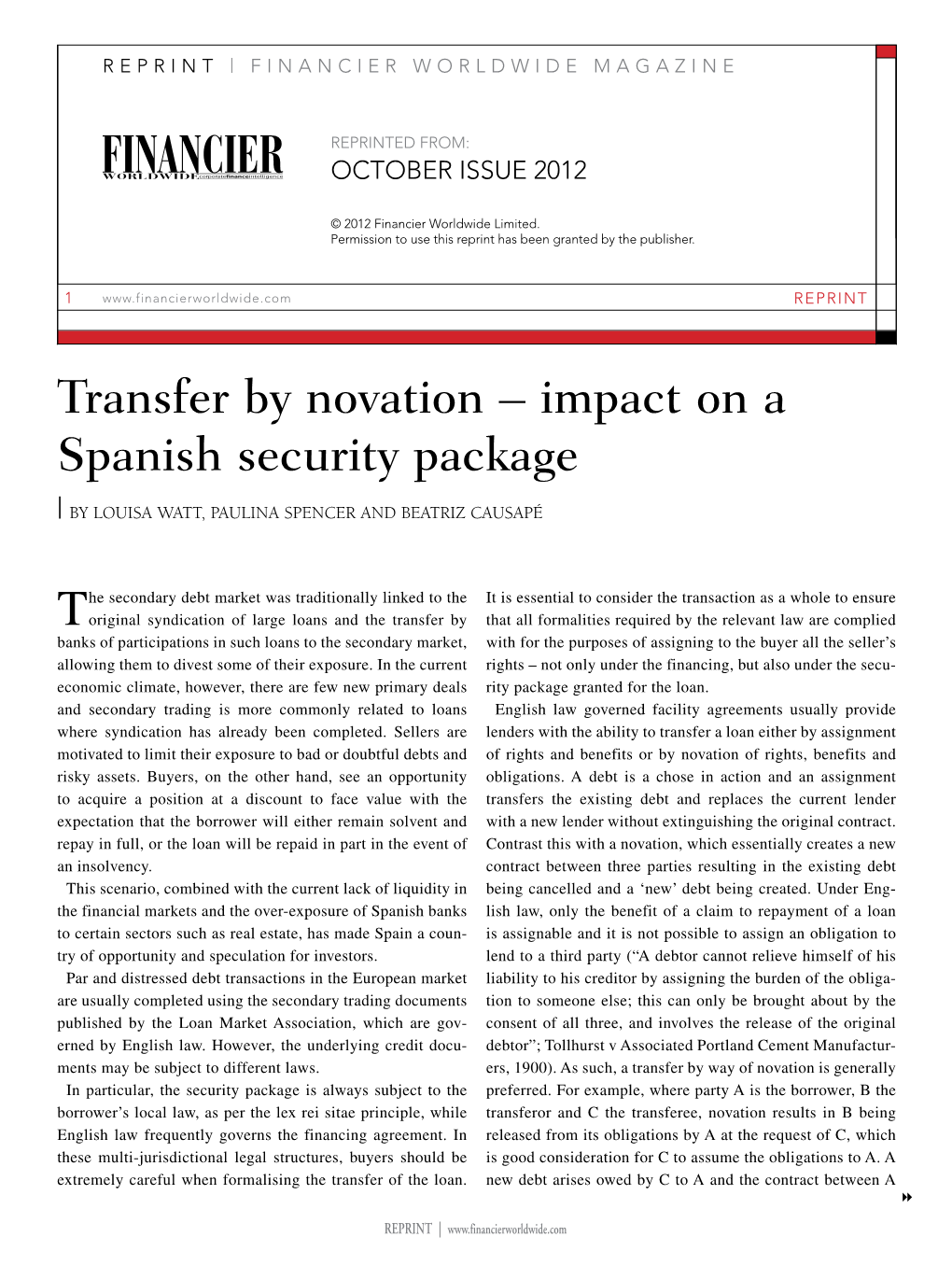 Transfer by Novation – Impact on a Spanish Security Package