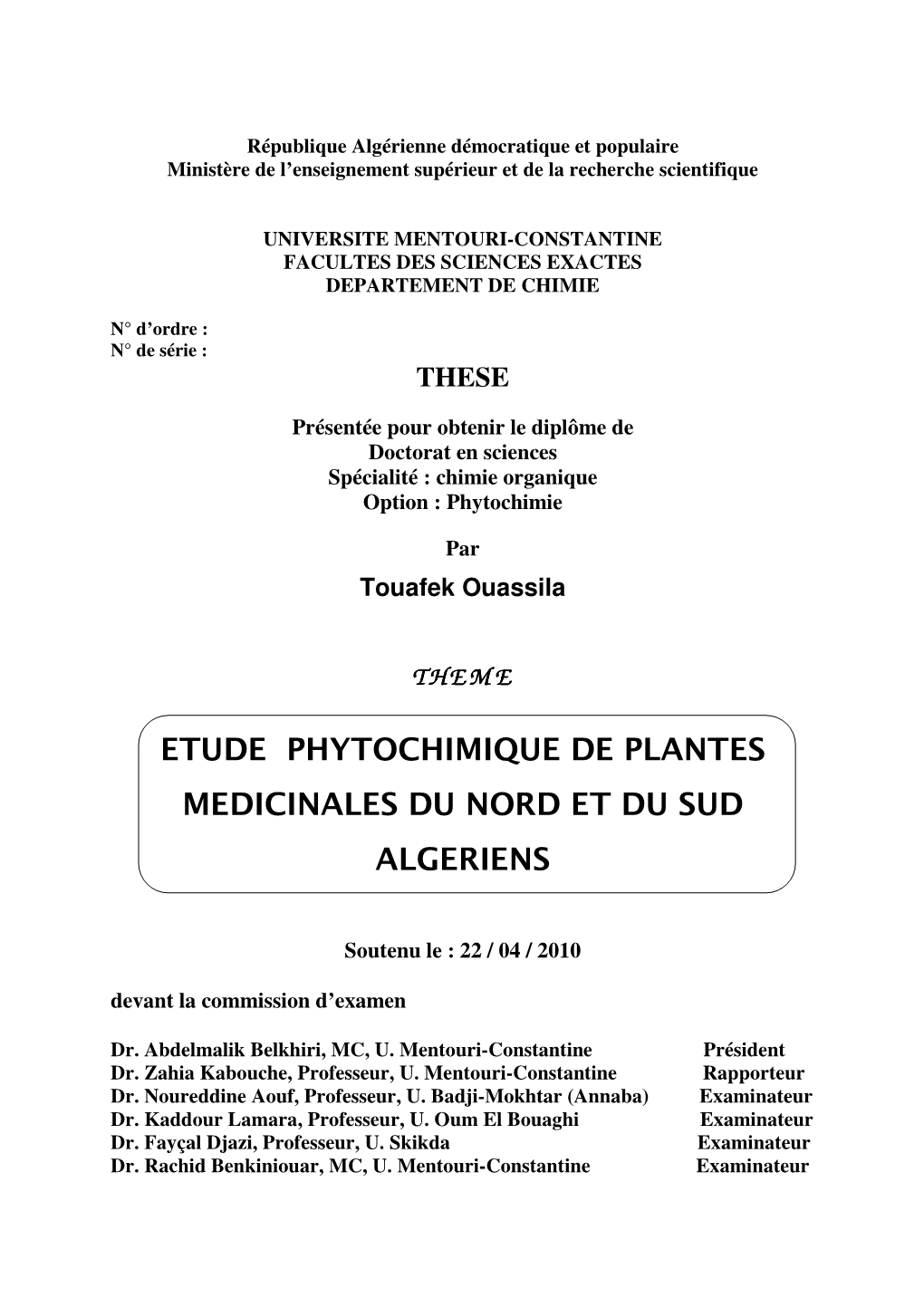 Theme Etude Phytochimique De Plantes Medicinales Du