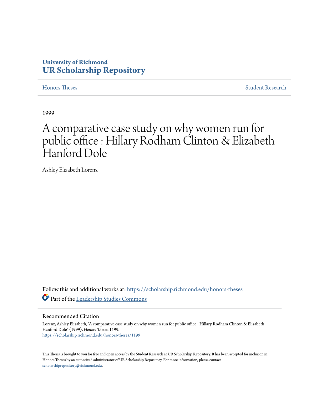 A Comparative Case Study on Why Women Run for Public Office : Hillary Rodham Clinton & Elizabeth Hanford Dole