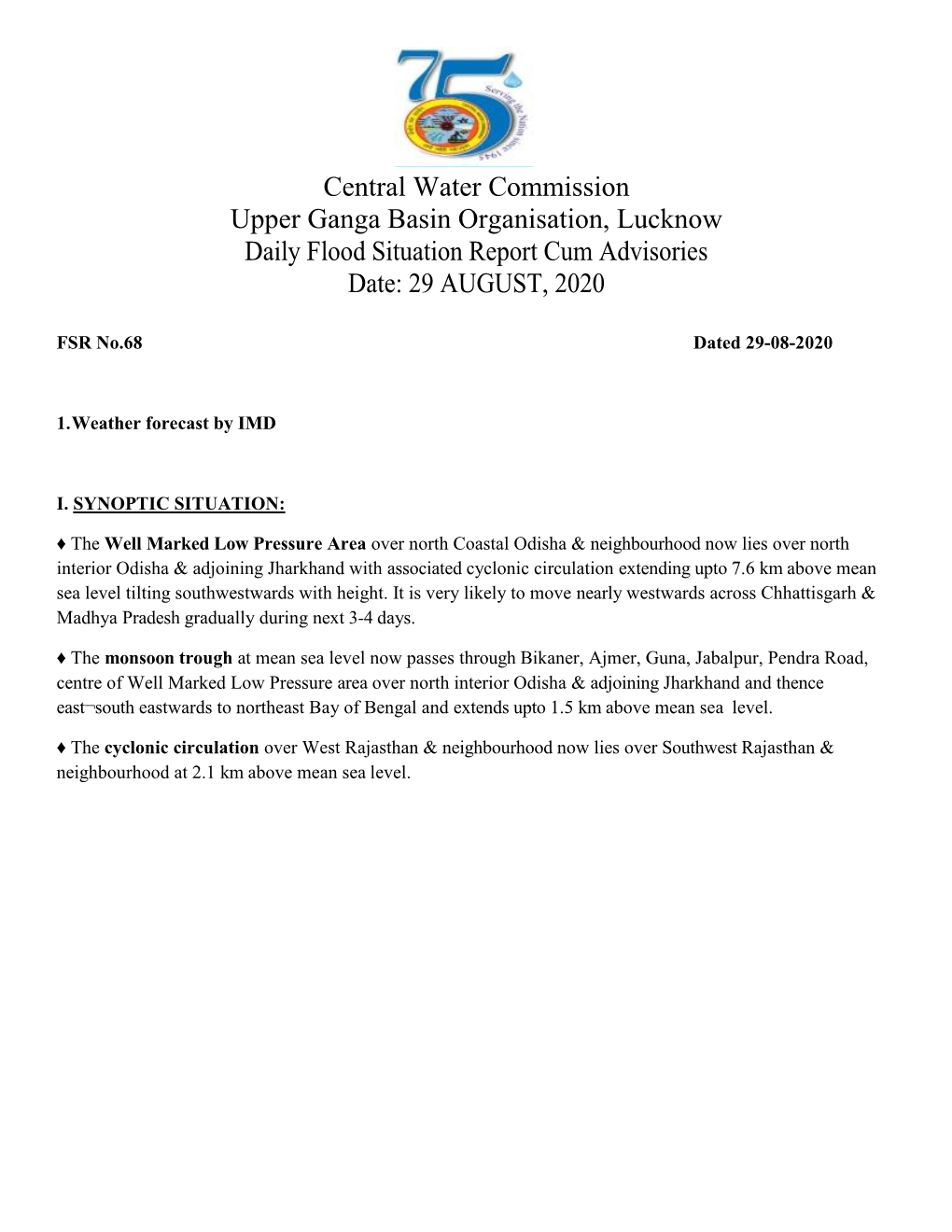 Central Water Commission Upper Ganga Basin Organisation, Lucknow Daily Flood Situation Report Cum Advisories Date: 29 AUGUST, 2020