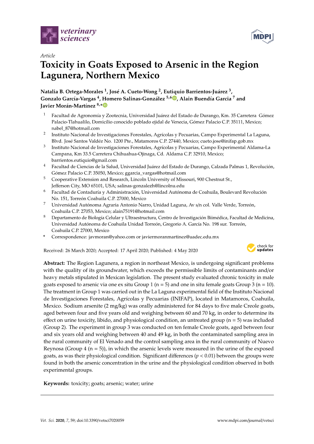 Toxicity in Goats Exposed to Arsenic in the Region Lagunera, Northern Mexico