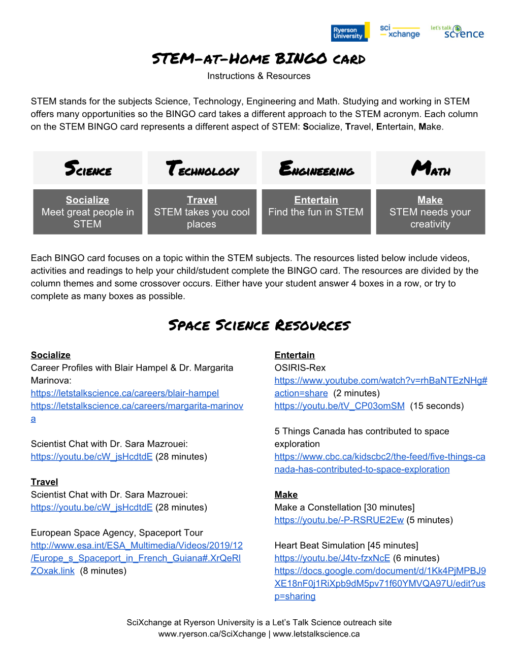 STEM Bingo Instructions