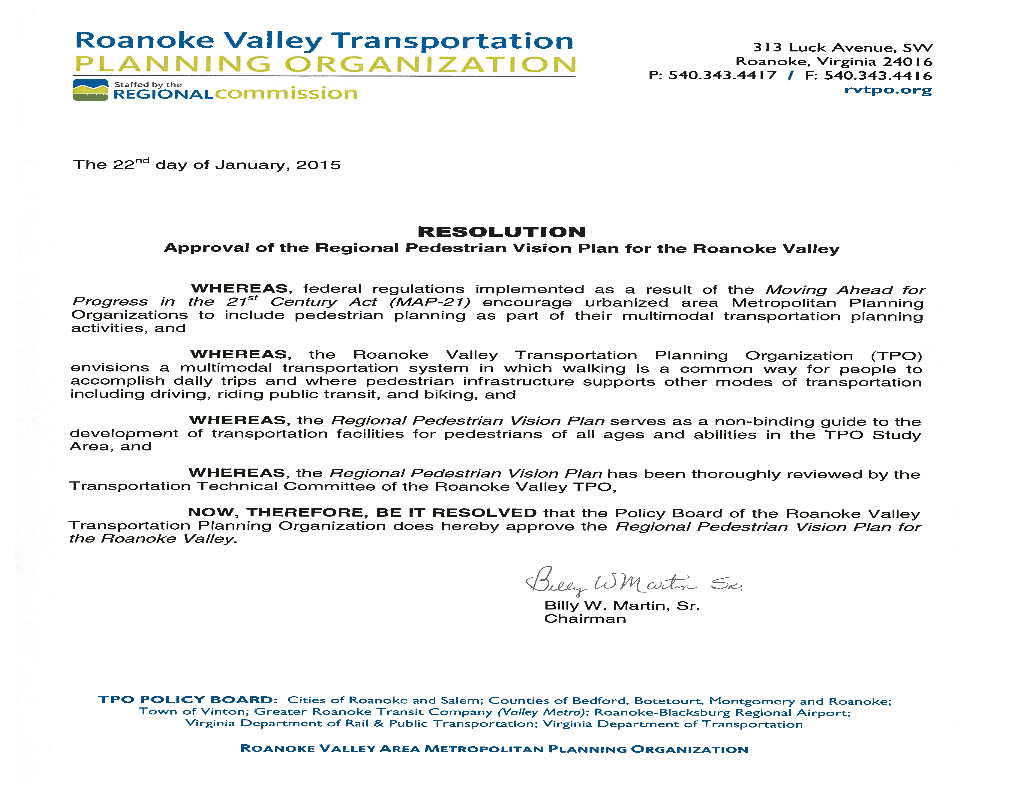 PEDESTRIAN VISION PLAN a Coordinated Approach to a Walkable Roanoke Valley