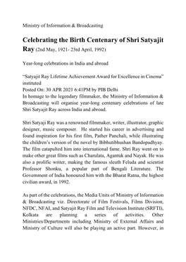 Celebrating the Birth Centenary of Shri Satyajit Ray (2Nd May, 1921- 23Rd April, 1992)