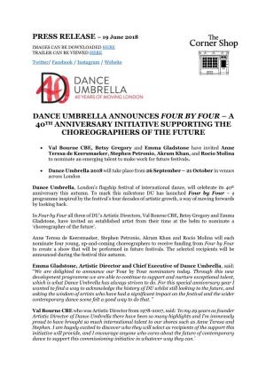 Dance Umbrella Announces Four by Four – a 40Th Anniversary Initiative Supporting the Choreographers of the Future