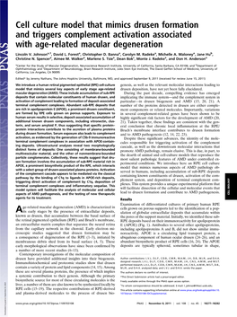 Cell Culture Model That Mimics Drusen Formation and Triggers Complement Activation Associated with Age-Related Macular Degeneration
