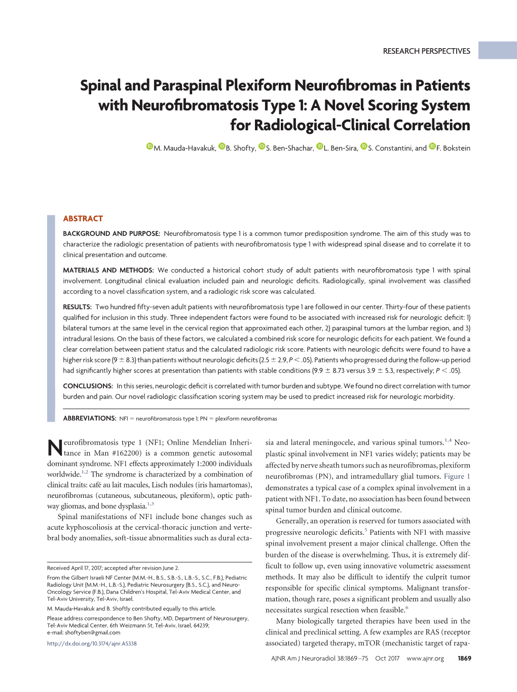 Spinal and Paraspinal Plexiform Neurofibromas in Patients with Neurofibromatosis Type 1: a Novel Scoring System for Radiological