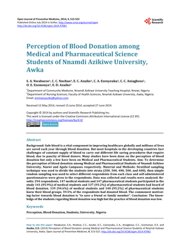 Perception of Blood Donation Among Medical and Pharmaceutical Science Students of Nnamdi Azikiwe University, Awka