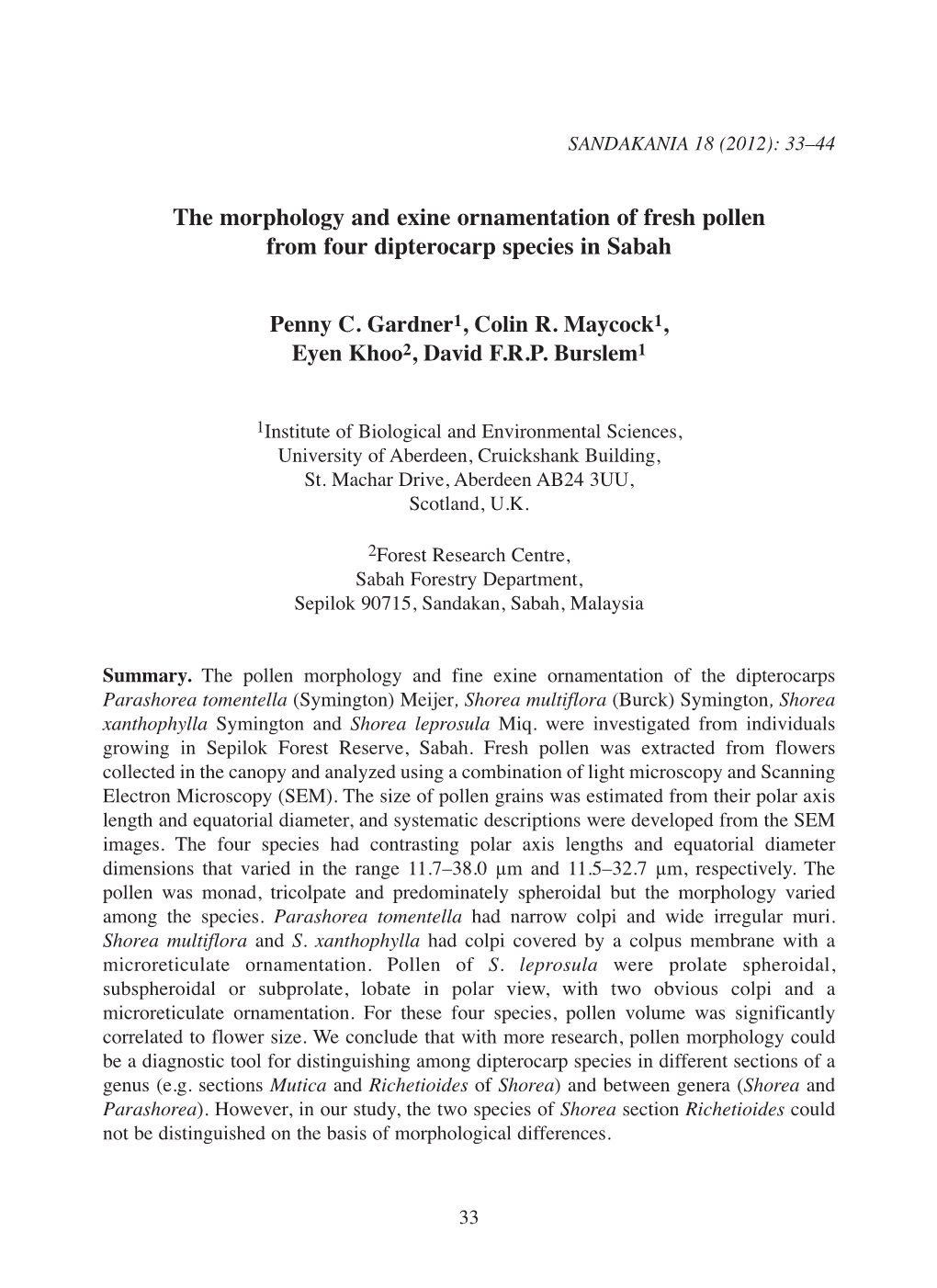 The Morphology and Exine Ornamentation of Fresh Pollen from Four Dipterocarp Species in Sabah