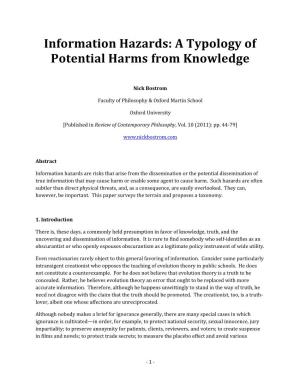 Information Hazards: a Typology of Potential Harms from Knowledge