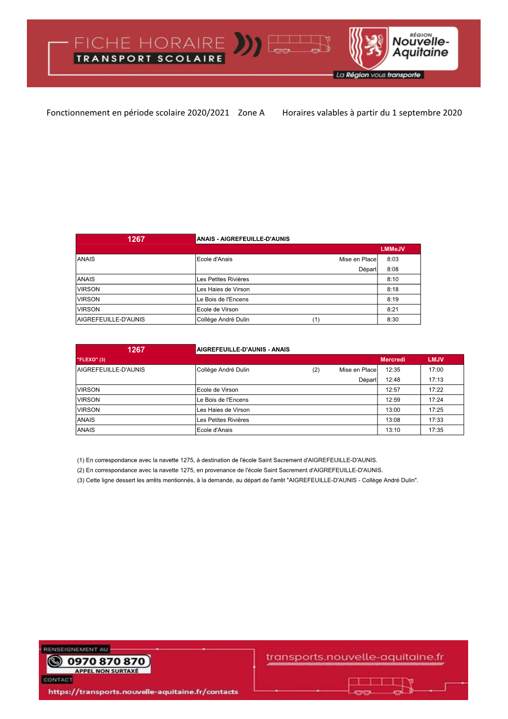 Fonctionnement En Période Scolaire 2020/2021 Zone a Horaires Valables À Partir Du 1 Septembre 2020