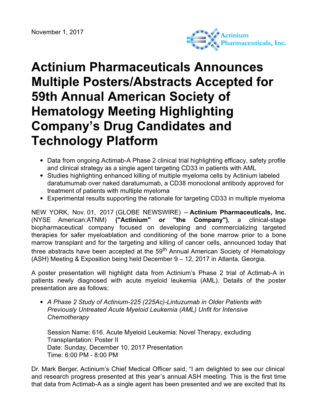 Actinium Pharmaceuticals Announces Multiple Posters/Abstracts Accepted