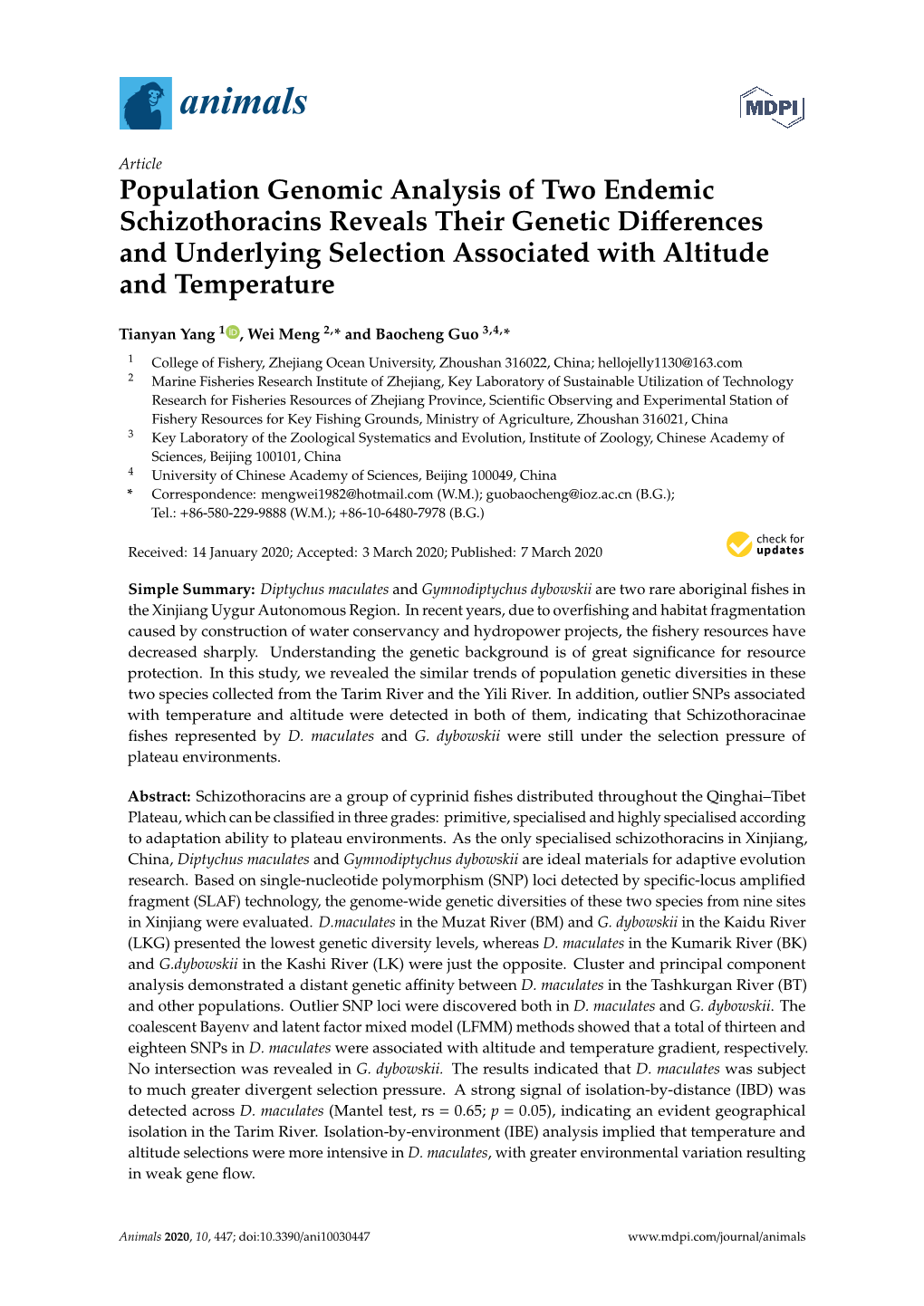 Population Genomic Analysis of Two Endemic Schizothoracins Reveals Their Genetic Diﬀerences and Underlying Selection Associated with Altitude and Temperature