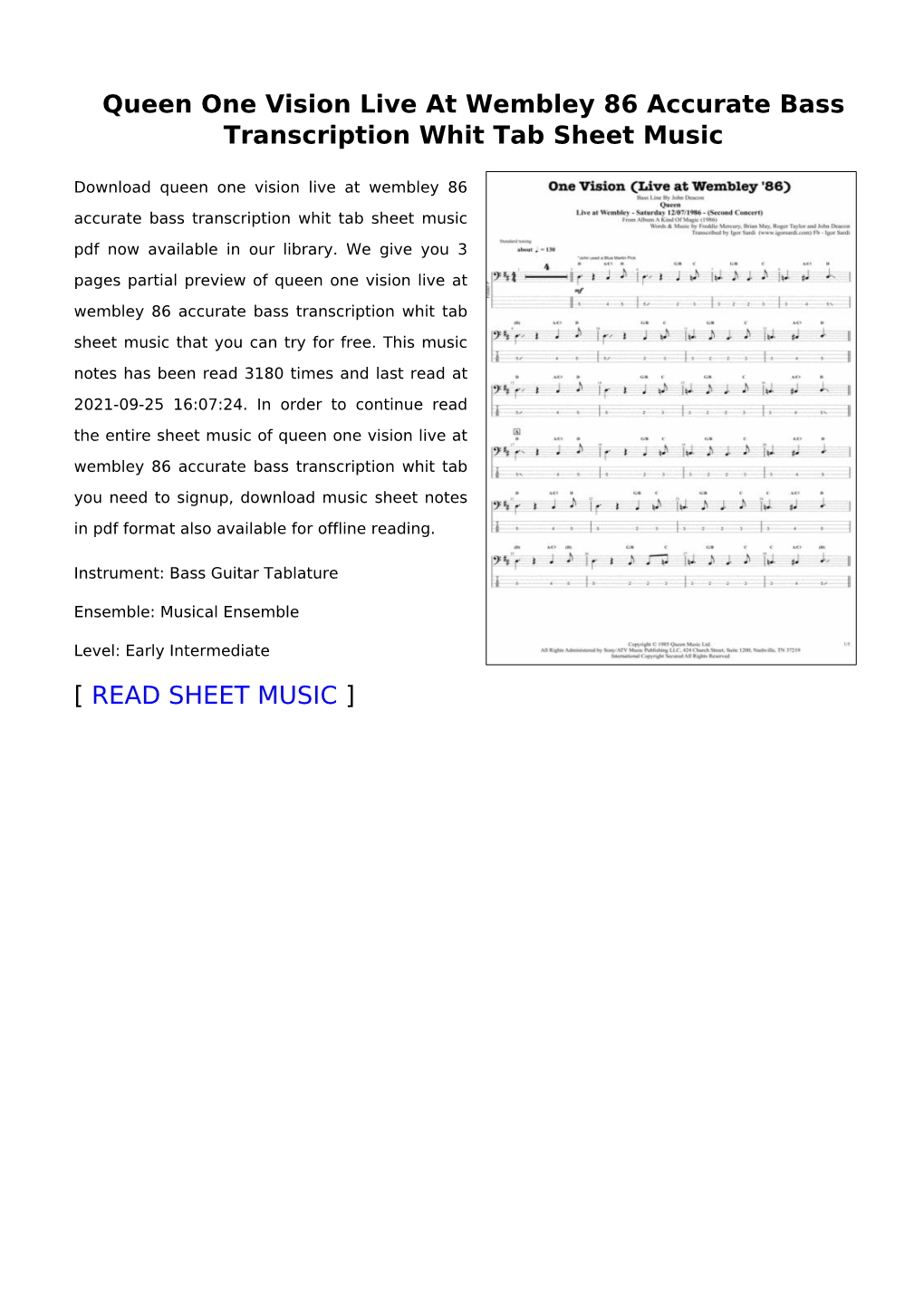 Queen One Vision Live at Wembley 86 Accurate Bass Transcription Whit Tab Sheet Music