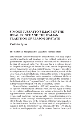 Simone Luzzatto's Image of the Ideal Prince and the Italian Tradition of Reason of State