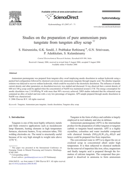 Studies on the Preparation of Pure Ammonium Para Tungstate from Tungsten Alloy Scrap ☆ ⁎ S