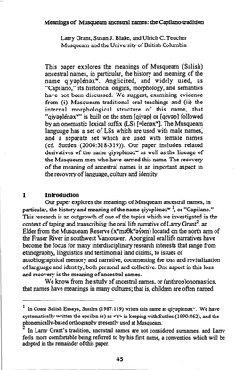 Meanings of Musqueam Ancestral Names: the Capilano Tradition