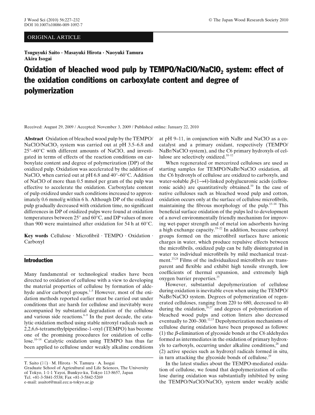 Oxidation of Bleached Wood Pulp by TEMPO/Naclo/Naclo2 System: Effect of the Oxidation Conditions on Carboxylate Content and Degree of Polymerization