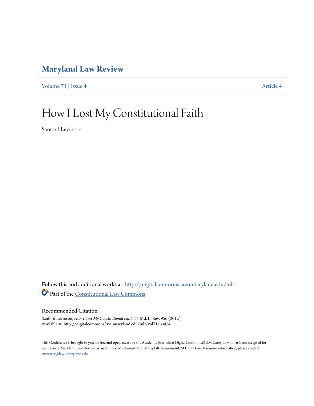 How I Lost My Constitutional Faith Sanford Levinson