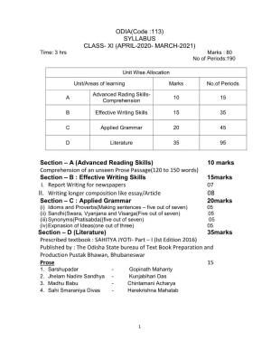 ODIA(Code :113) SYLLABUS CLASS- XI (APRIL-2020- MARCH-2021) Time: 3 Hrs Marks : 80 No of Periods:190