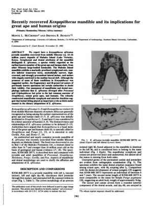 Recently Recovered Kenyapithecus Mandible and Its Implications for Great Ape and Human Origins (Prhnates/Hominoidea/Miocene/Africa/Anatomy) MONTE L