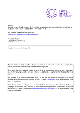 Hibberd, LA and Tew-Thompson, Z (2016) Hills, Old People and Sheep: Reﬂections of Holmﬁrth As the Summer Wine Town