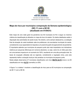 Mapa De Risco Por Municípios Comparação Da Semana Epidemiológica (SE) 11 Com a SE 09 (Atualizado Em 01/04/21)