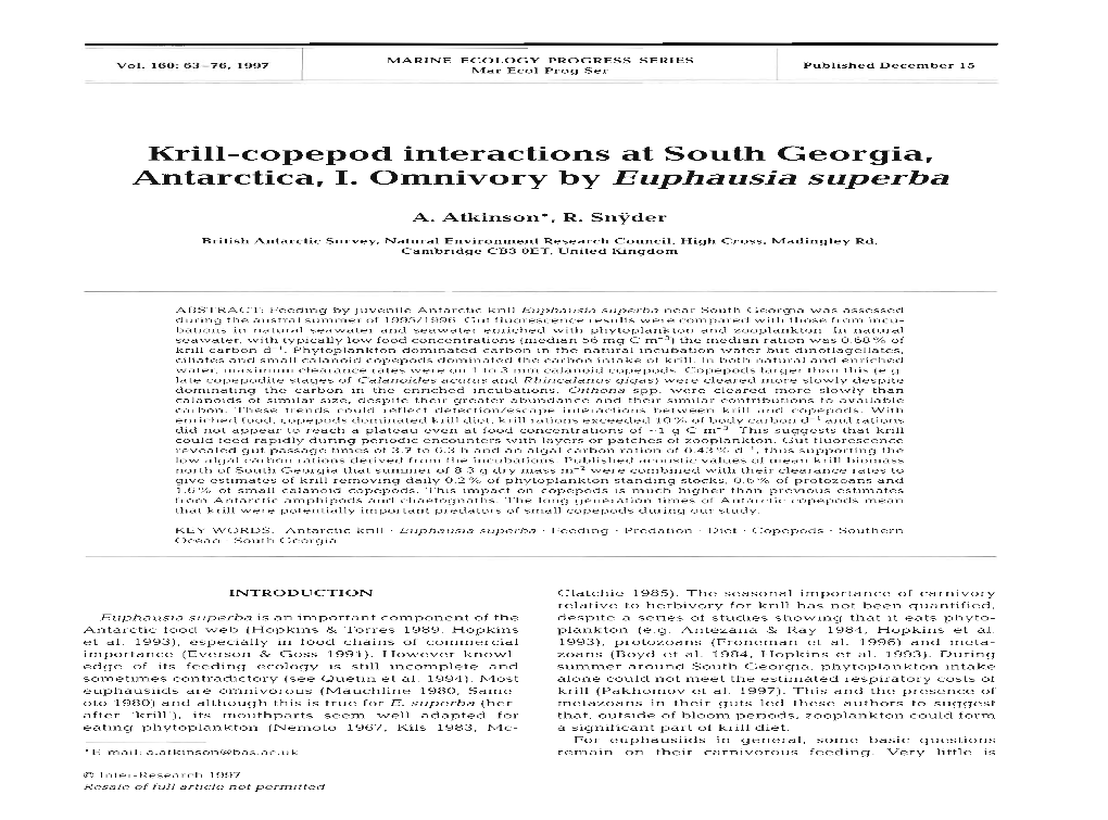 Krill-Copepod Interactions at South Georgia, Antarctica, I