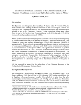 Sivatherium (Giraffidae, Mammalia) of the Latest Pliocene of Ahl Al Oughlam (Casablanca, Morocco) and the Evolution of the Genus in Africa.*