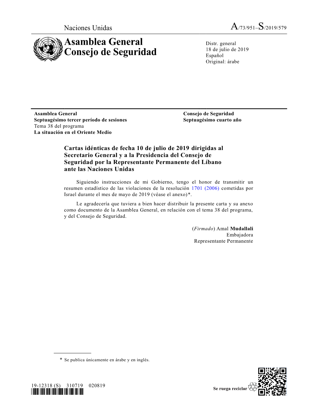 A/73/951–S/2019/579 Asamblea General Consejo De Seguridad