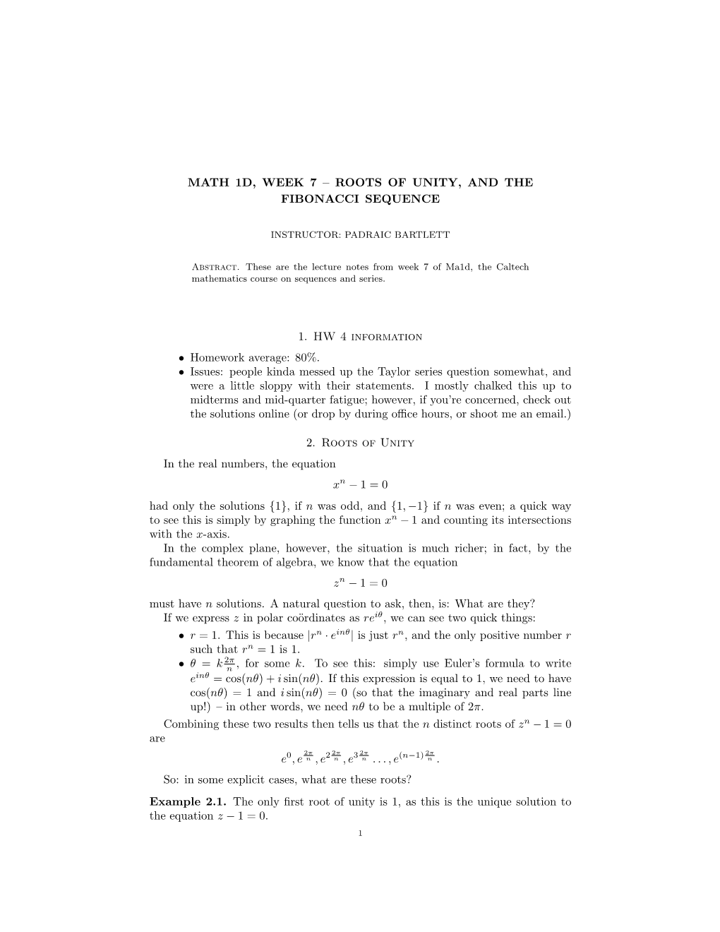 Roots of Unity and the Fibonacci Sequence