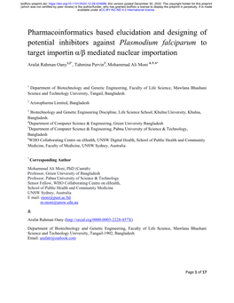 Pharmacoinformatics Based Elucidation and Designing of Potential Inhibitors Against Plasmodium Falciparum to Target Importin Α/Β Mediated Nuclear Importation