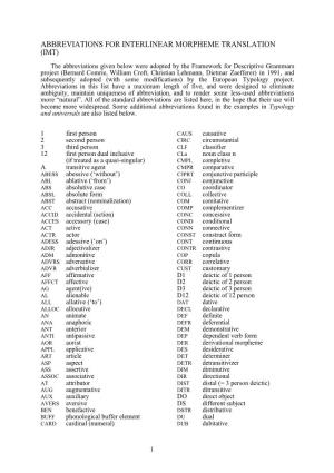 Abbreviations for Interlinear Morpheme Translation (Imt)