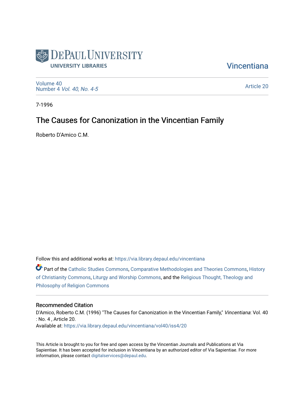 The Causes for Canonization in the Vincentian Family