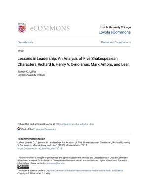 An Analysis of Five Shakespearean Characters, Richard Ii, Henry V, Coriolanus, Mark Antony, and Lear