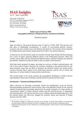 Indian General Election 2009: Geographical Influence of Regional Parties and Electoral Outlook