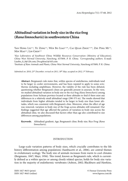 Altitudinal Variation in Body Size in the Rice Frog (Rana Limnocharis)In