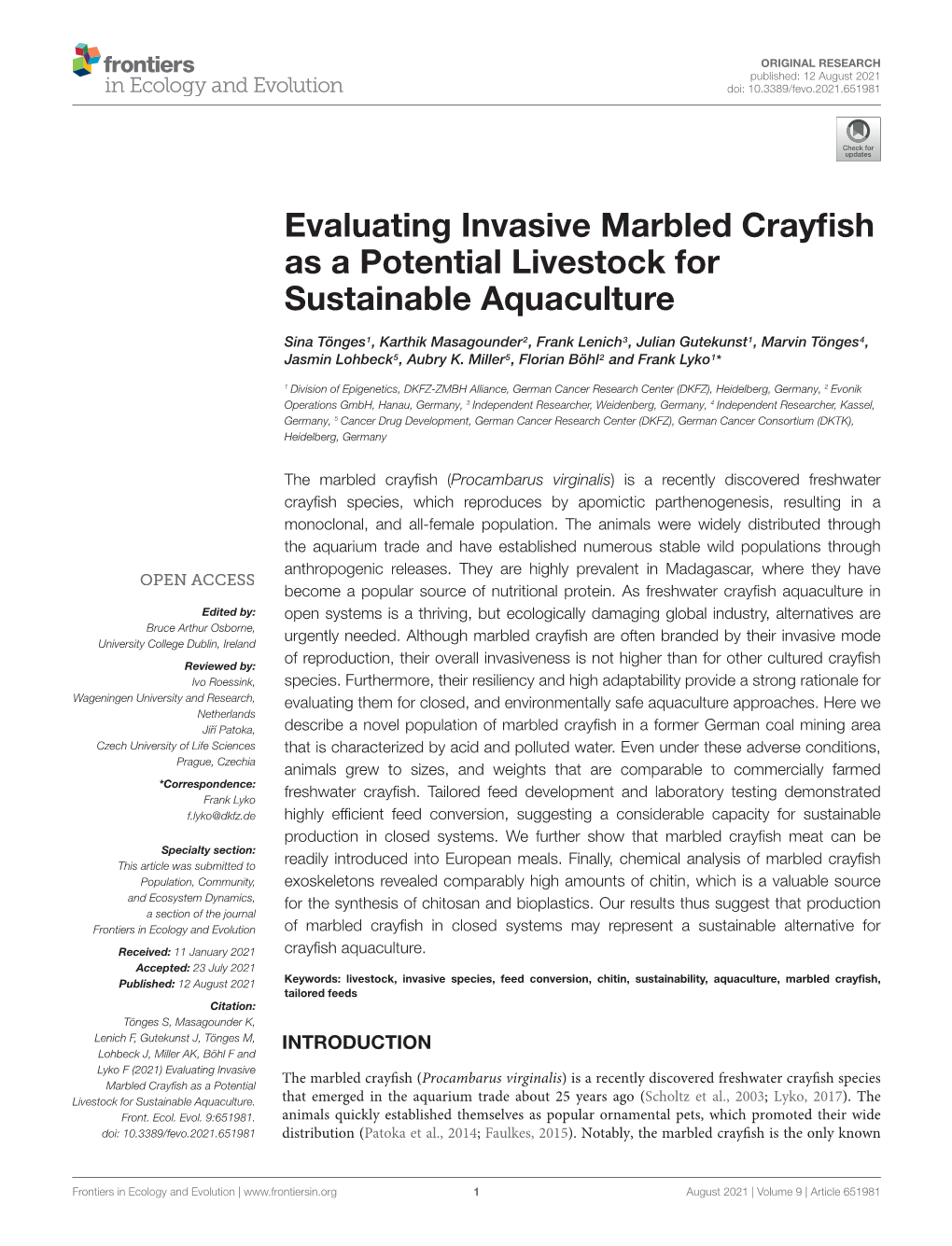 Evaluating Invasive Marbled Crayfish As a Potential Livestock For