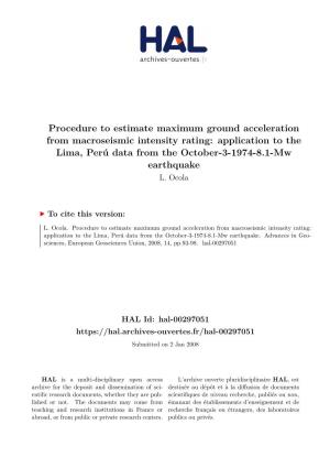Procedure to Estimate Maximum Ground Acceleration from Macroseismic Intensity Rating: Application to the Lima, Perú Data from the October-3-1974-8.1-Mw Earthquake L