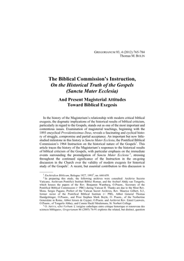 The Biblical Commission's Instruction, on the Historical Truth of the Gospels