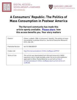 A Consumers' Republic: the Politics of Mass Consumption in Postwar