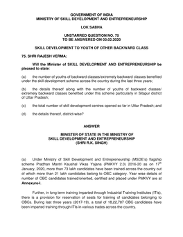 Government of India Ministry of Skill Development and Entrepreneurship Lok Sabha Unstarred Question No. 75 to Be Answered On