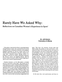 Rarely Have We Asked Why: Reflections on Canadian Women's Experience in Sport1