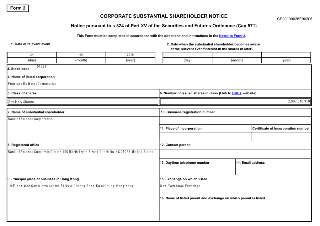 CORPORATE SUBSTANTIAL SHAREHOLDER NOTICE CS20190626E00206 Notice Pursuant to S.324 of Part XV of the Securities and Futures Ordinance (Cap.571)