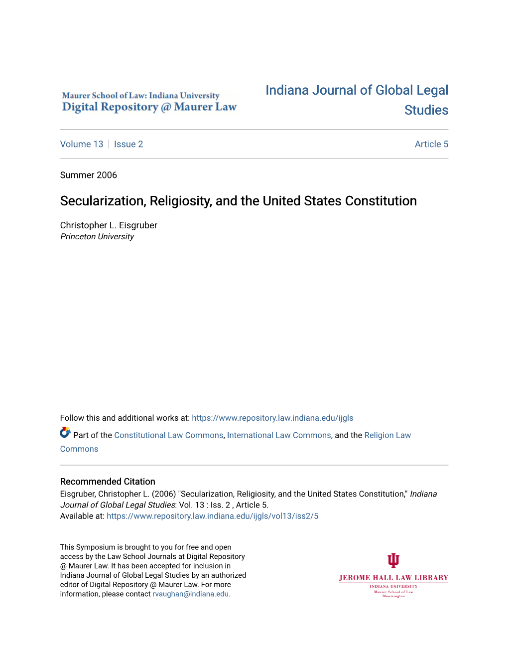 Secularization, Religiosity, and the United States Constitution