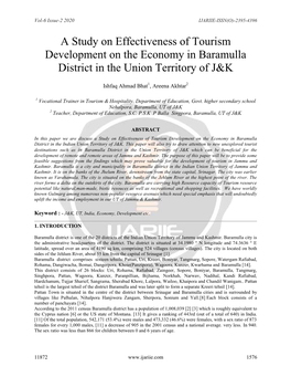 A Study on Effectiveness of Tourism Development on the Economy in Baramulla District in the Union Territory of J&K