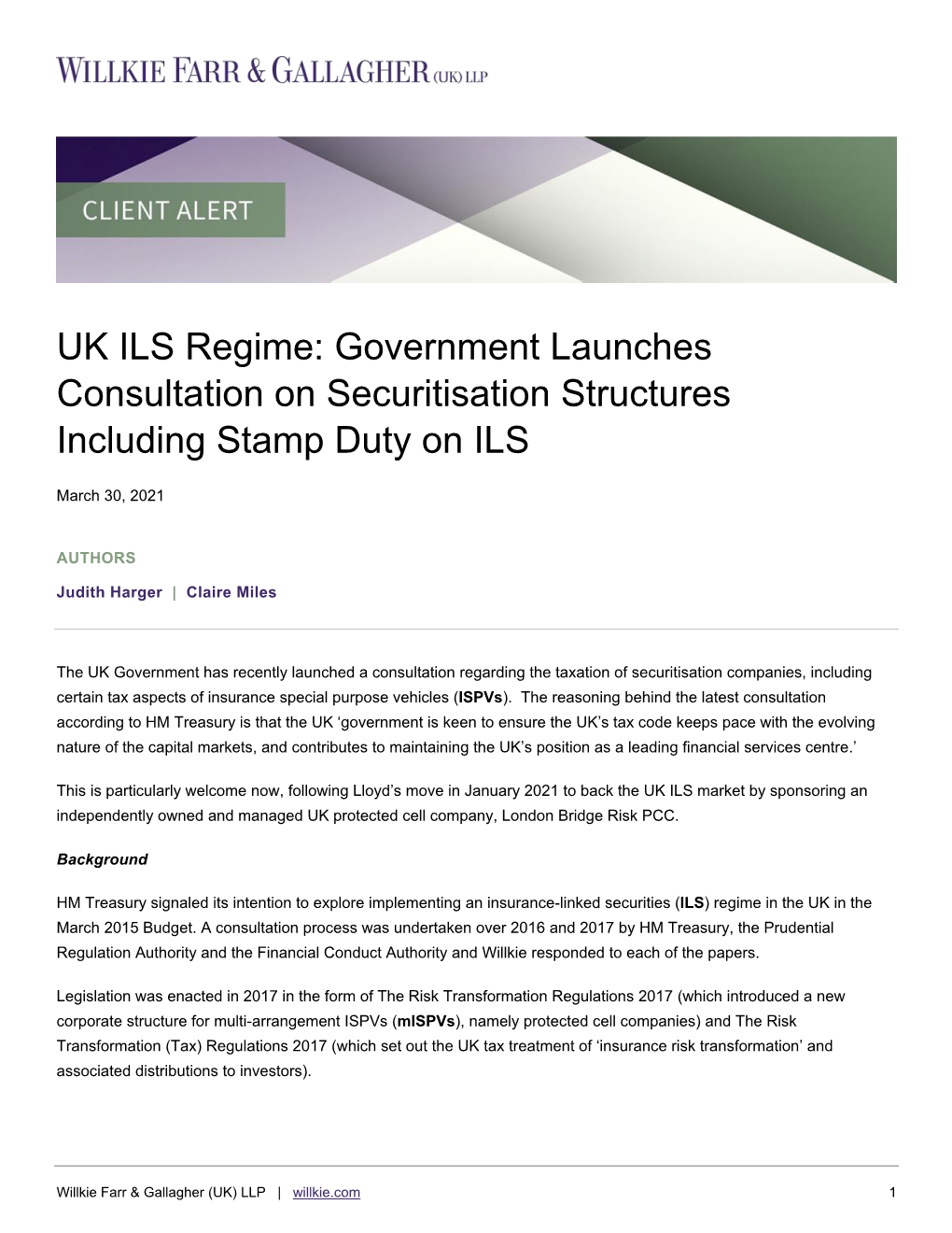 UK ILS Regime: Government Launches Consultation on Securitisation Structures Including Stamp Duty on ILS