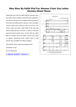 Mon Dieu by Edith Piaf for Women Choir Ssa Letter Version Sheet Music